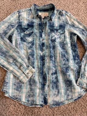 L Ryan Michael Shirt Womens Large Weatern Cowgirl Boho Accent Buttons Back Long